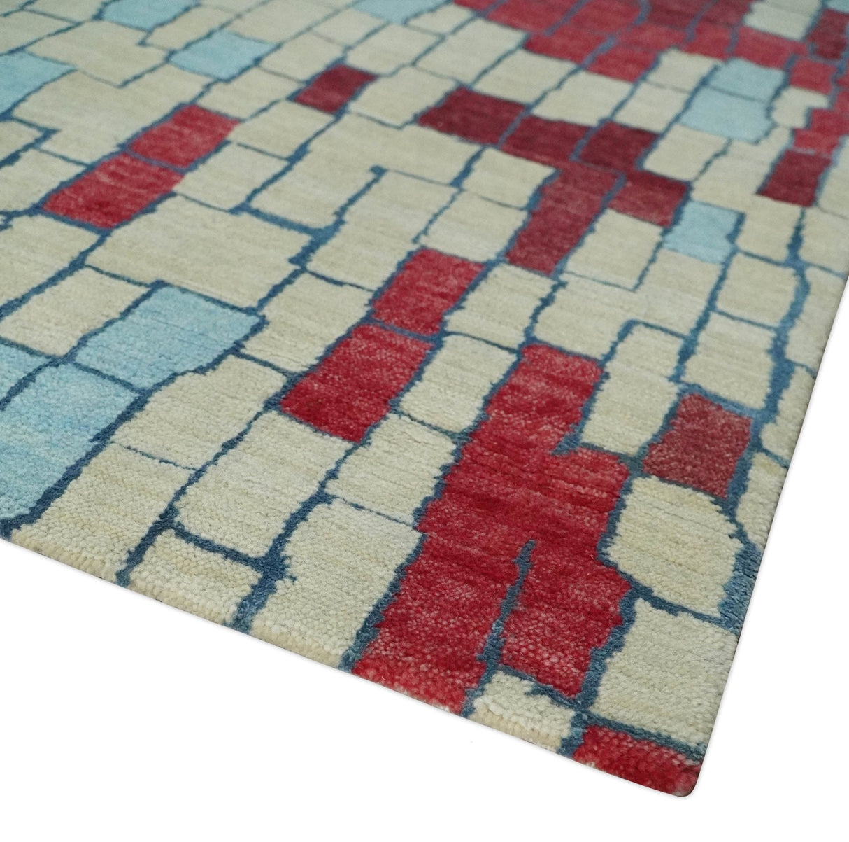 Beige, Blue and Maroon 5x7.6 Modern tiles Pattern Handloom Wool and Art Silk Area Rug