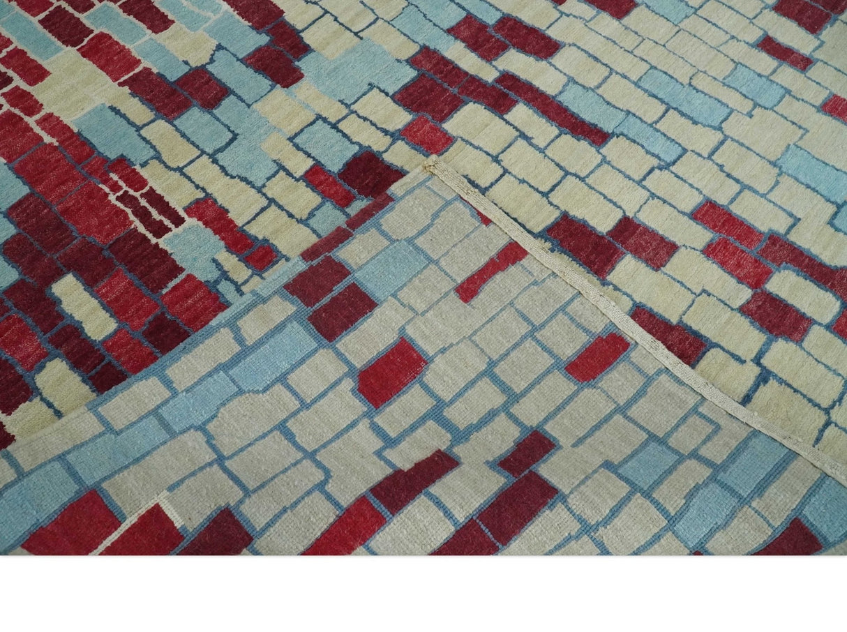 Beige, Blue and Maroon 5x7.6 Modern tiles Pattern Handloom Wool and Art Silk Area Rug