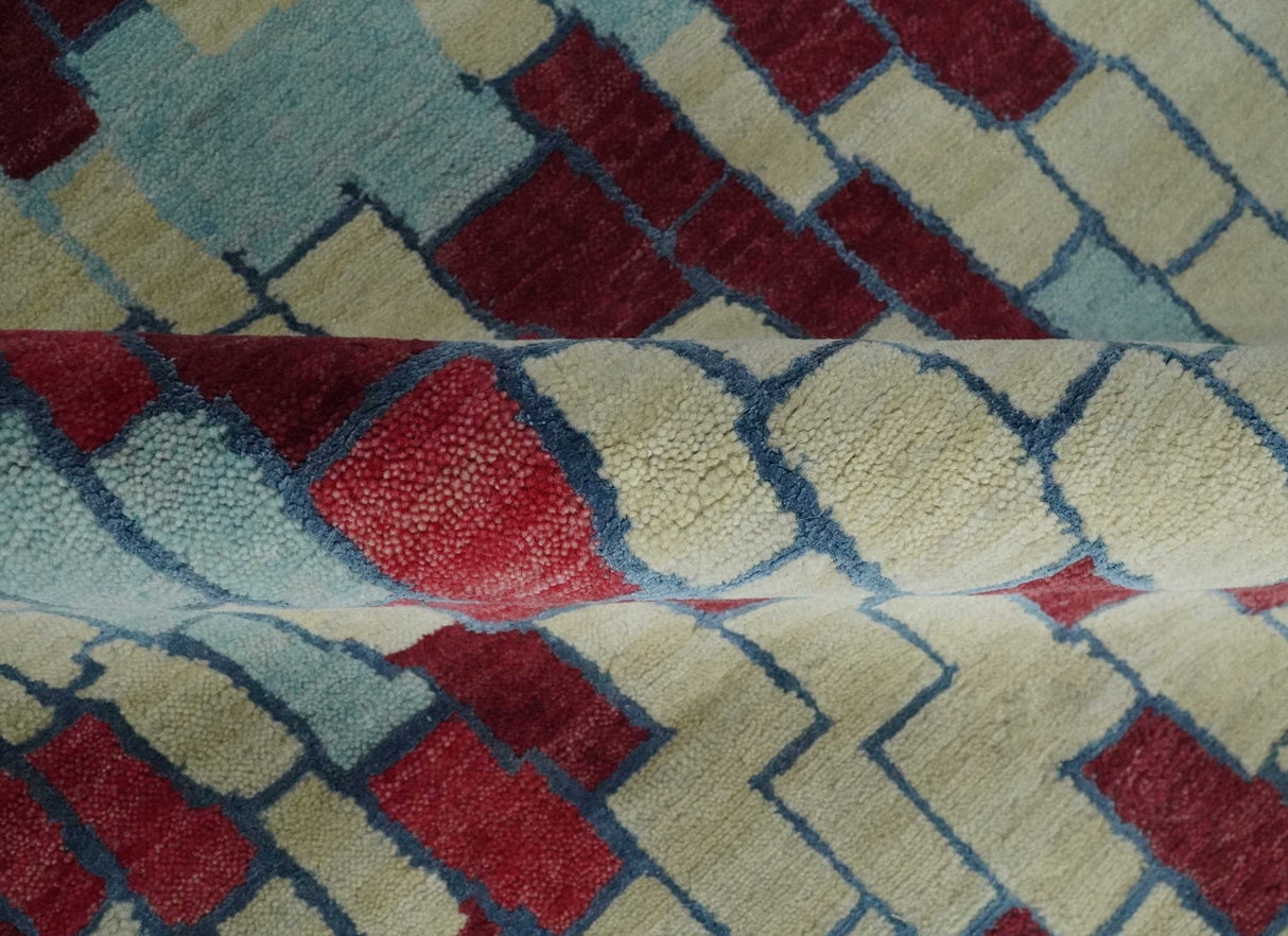 Beige, Blue and Maroon 5x7.6 Modern tiles Pattern Handloom Wool and Art Silk Area Rug