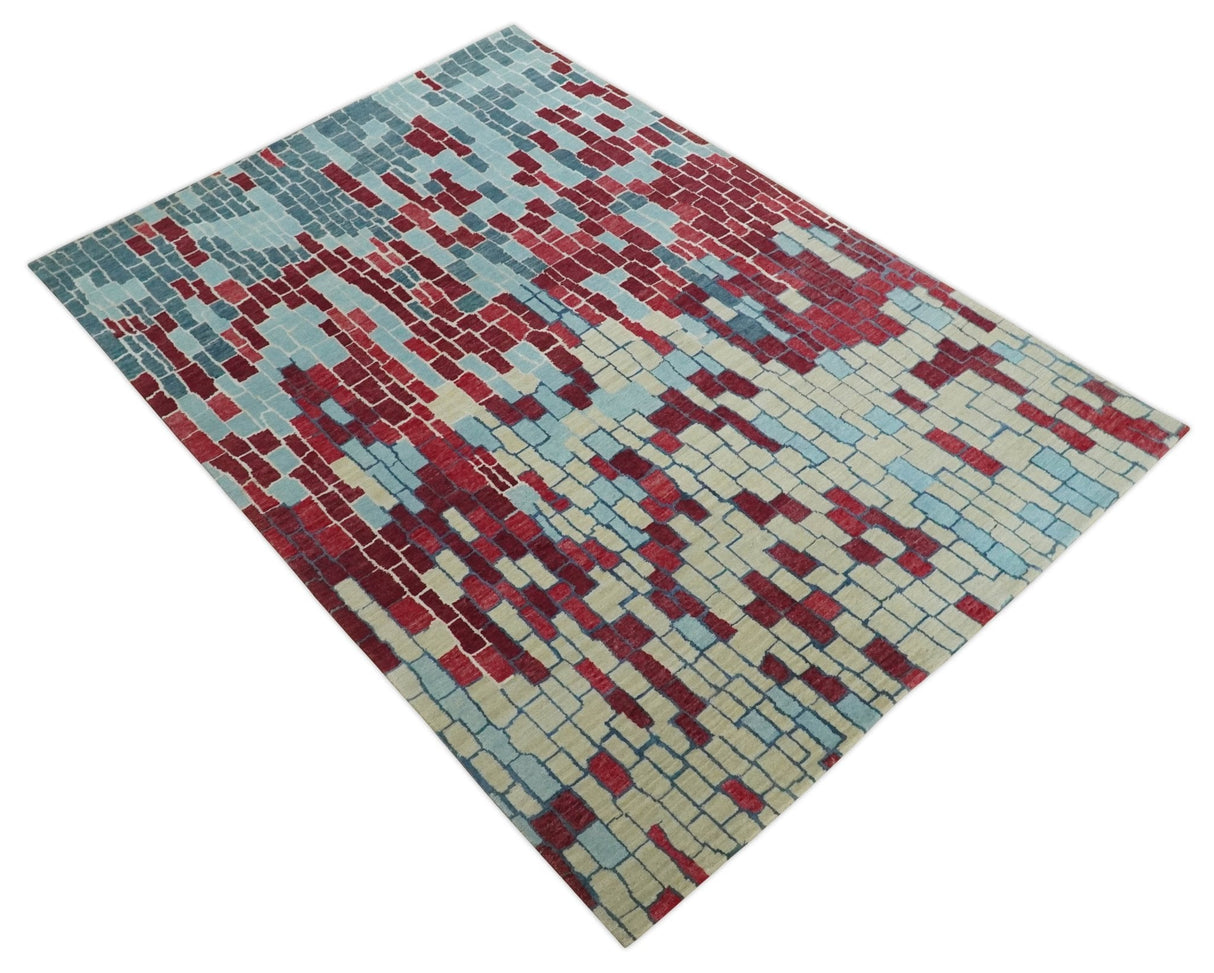Beige, Blue and Maroon 5x7.6 Modern tiles Pattern Handloom Wool and Art Silk Area Rug