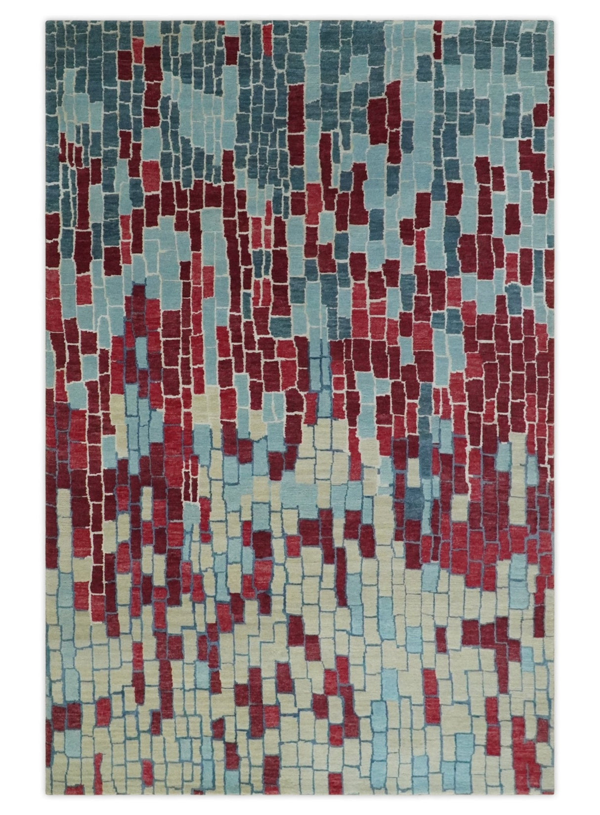 Beige, Blue and Maroon 5x7.6 Modern tiles Pattern Handloom Wool and Art Silk Area Rug