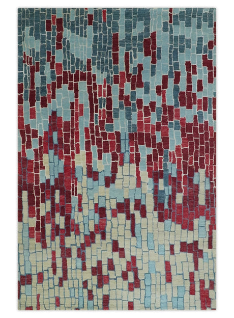 Beige, Blue and Maroon 5x7.6 Modern tiles Pattern Handloom Wool and Art Silk Area Rug