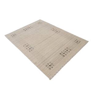 Beige Contemporary Solid Border Design Hand Loomed Wool Area Rug