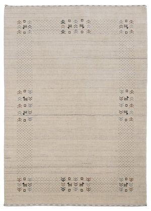 Beige Contemporary Solid Border Design Hand Loomed Wool Area Rug