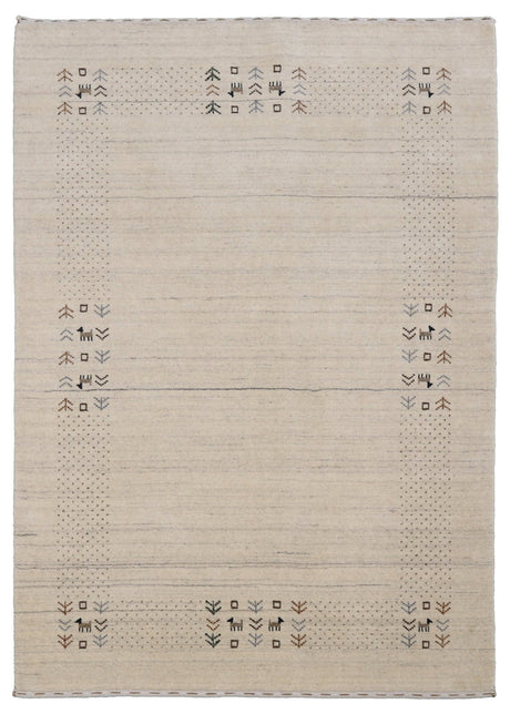 Beige Contemporary Solid Border Design Hand Loomed Wool Area Rug