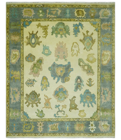 Beige, Gray and Olive Hand Knotted 8x10 Traditional Oushak wool area rug