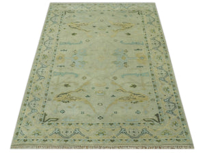 Beige, Mustard and Teal 6x9 Hand Knotted Traditional Oriental Oushak wool area rug