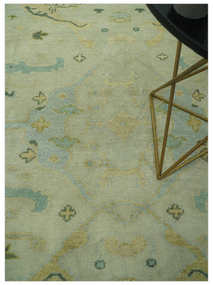 Beige, Mustard and Teal 6x9 Hand Knotted Traditional Oriental Oushak wool area rug