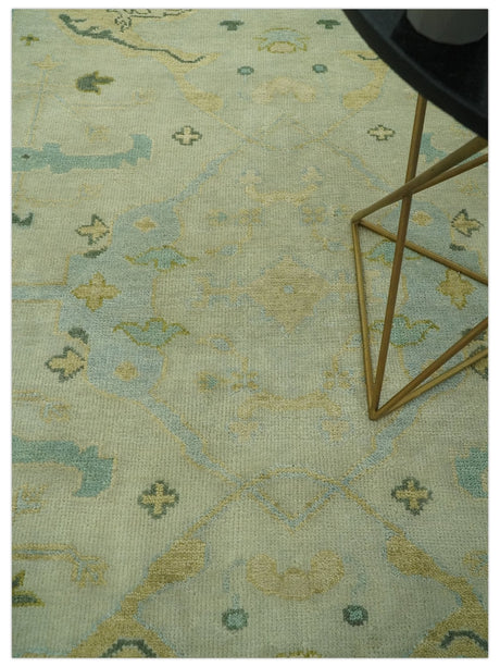 Beige, Mustard and Teal 6x9 Hand Knotted Traditional Oriental Oushak wool area rug