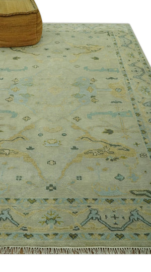 Beige, Mustard and Teal 6x9 Hand Knotted Traditional Oriental Oushak wool area rug