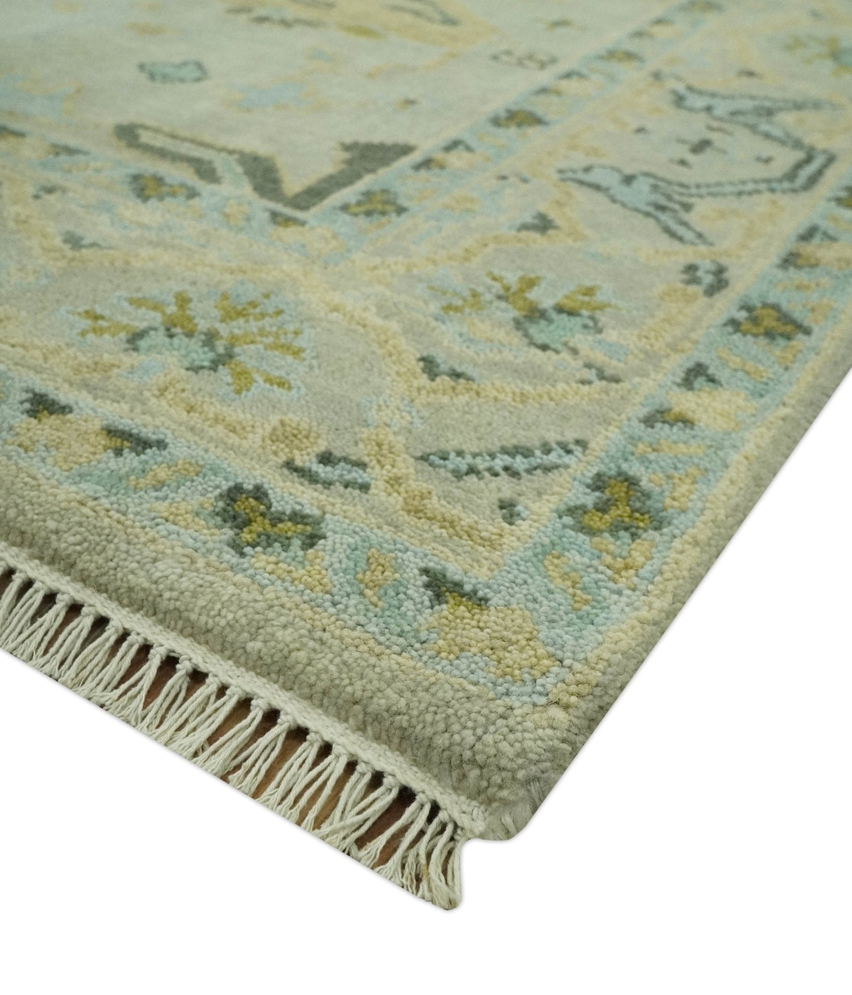 Beige, Mustard and Teal 6x9 Hand Knotted Traditional Oriental Oushak wool area rug
