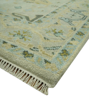 Beige, Mustard and Teal 6x9 Hand Knotted Traditional Oriental Oushak wool area rug