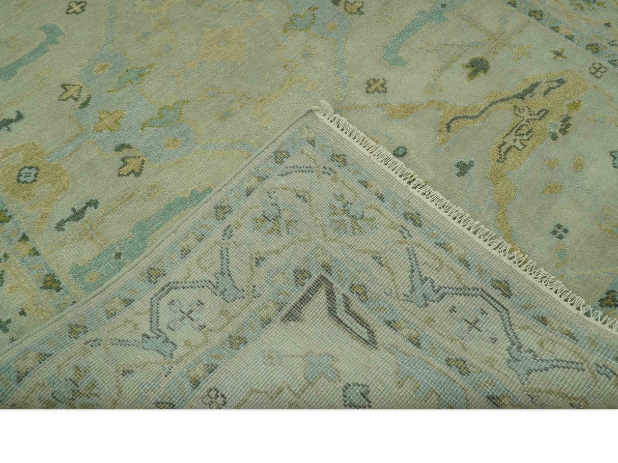 Beige, Mustard and Teal 6x9 Hand Knotted Traditional Oriental Oushak wool area rug