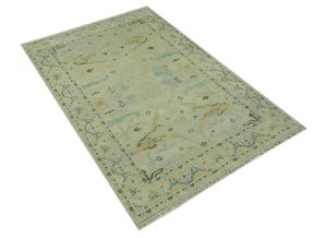 Beige, Mustard and Teal 6x9 Hand Knotted Traditional Oriental Oushak wool area rug