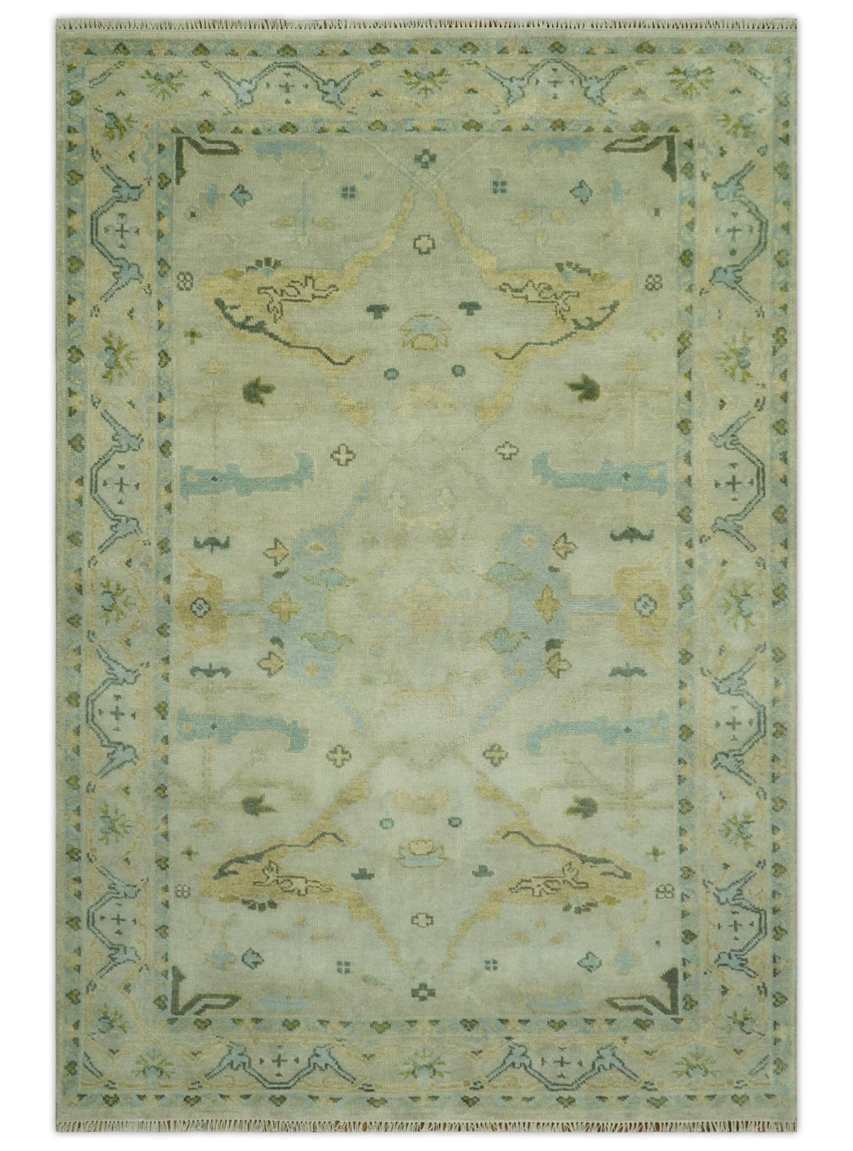 Beige, Mustard and Teal 6x9 Hand Knotted Traditional Oriental Oushak wool area rug
