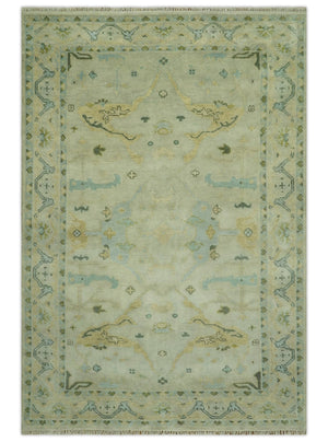 Beige, Mustard and Teal 6x9 Hand Knotted Traditional Oriental Oushak wool area rug