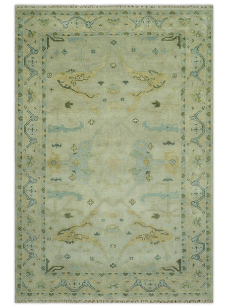 Beige, Mustard and Teal 6x9 Hand Knotted Traditional Oriental Oushak wool area rug