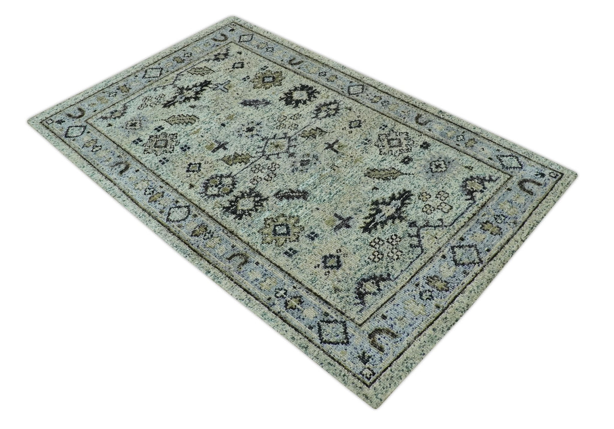 Beige, Teal and Black 5x8 Hand Knotted Traditional Art Silk area Rug