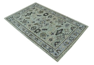 Beige, Teal and Black 5x8 Hand Knotted Traditional Art Silk area Rug