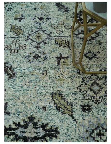 Beige, Teal and Black 5x8 Hand Knotted Traditional Art Silk area Rug