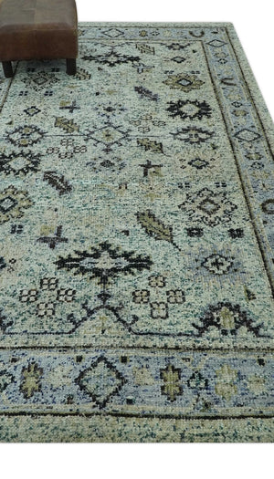 Beige, Teal and Black 5x8 Hand Knotted Traditional Art Silk area Rug