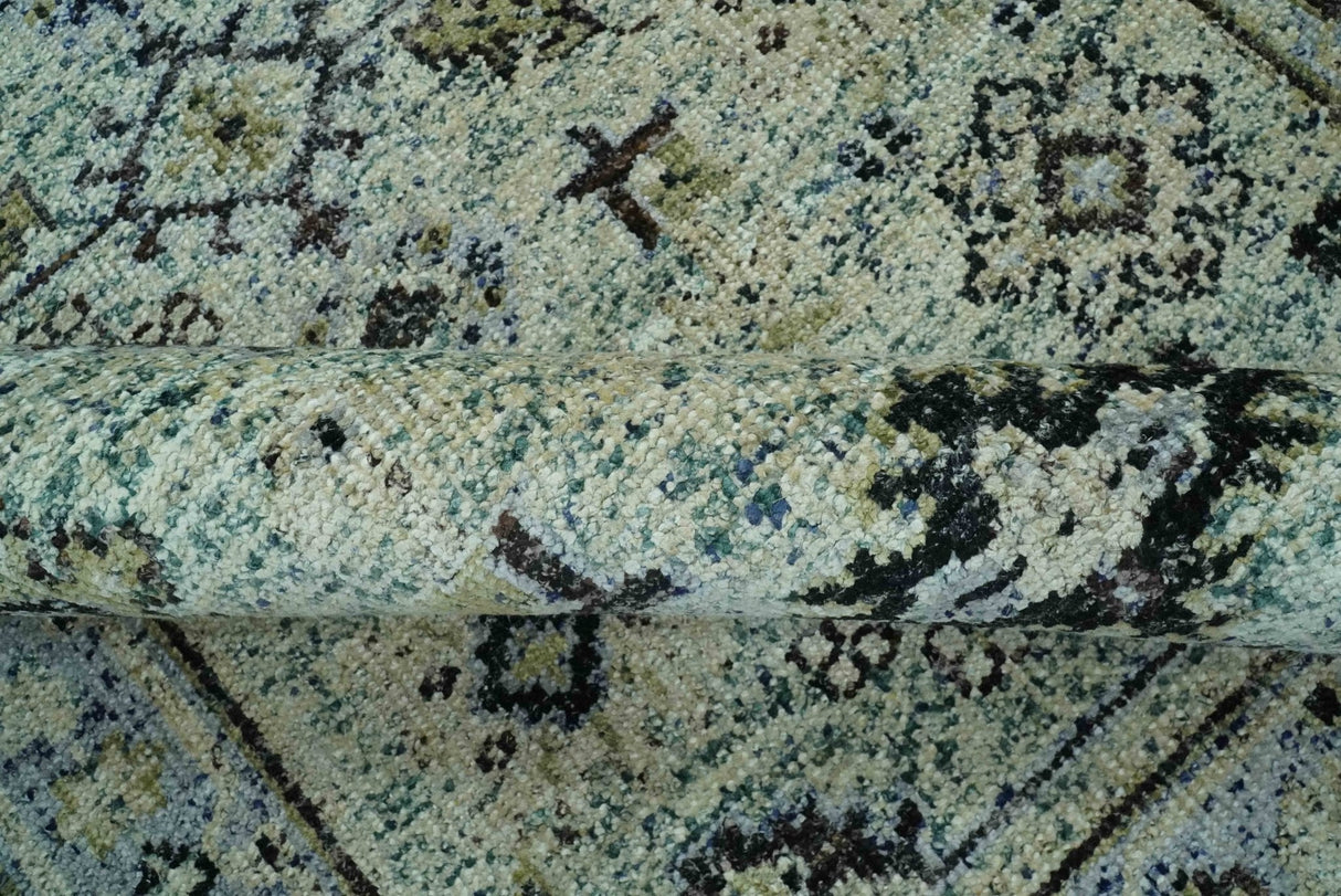 Beige, Teal and Black 5x8 Hand Knotted Traditional Art Silk area Rug