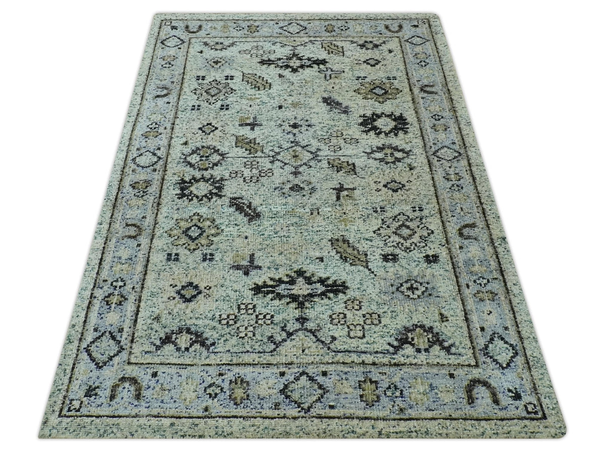 Beige, Teal and Black 5x8 Hand Knotted Traditional Art Silk area Rug