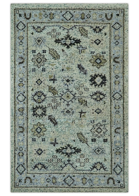 Beige, Teal and Black 5x8 Hand Knotted Traditional Art Silk area Rug