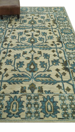Beige, Teal and Charcoal Traditional Large Design Hand Knotted 5x8 wool Rug