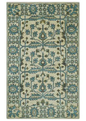 Beige, Teal and Charcoal Traditional Large Design Hand Knotted 5x8 wool Rug