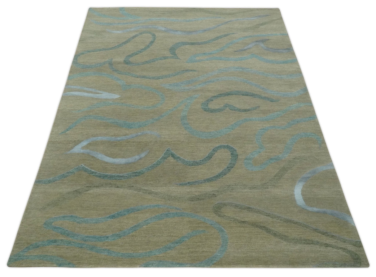 Beige, Teal and Silver Modern design Hand knotted 6x9 wool and Art Silk Area Rug