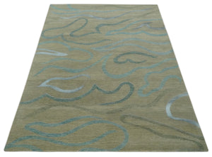 Beige, Teal and Silver Modern design Hand knotted 6x9 wool and Art Silk Area Rug