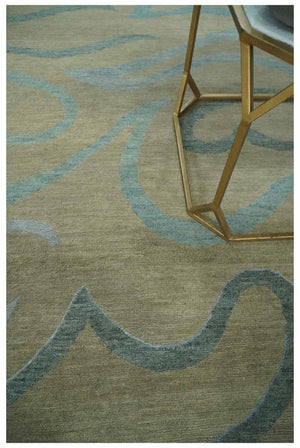 Beige, Teal and Silver Modern design Hand knotted 6x9 wool and Art Silk Area Rug