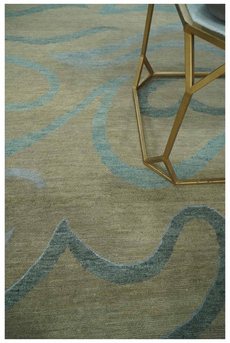 Beige, Teal and Silver Modern design Hand knotted 6x9 wool and Art Silk Area Rug