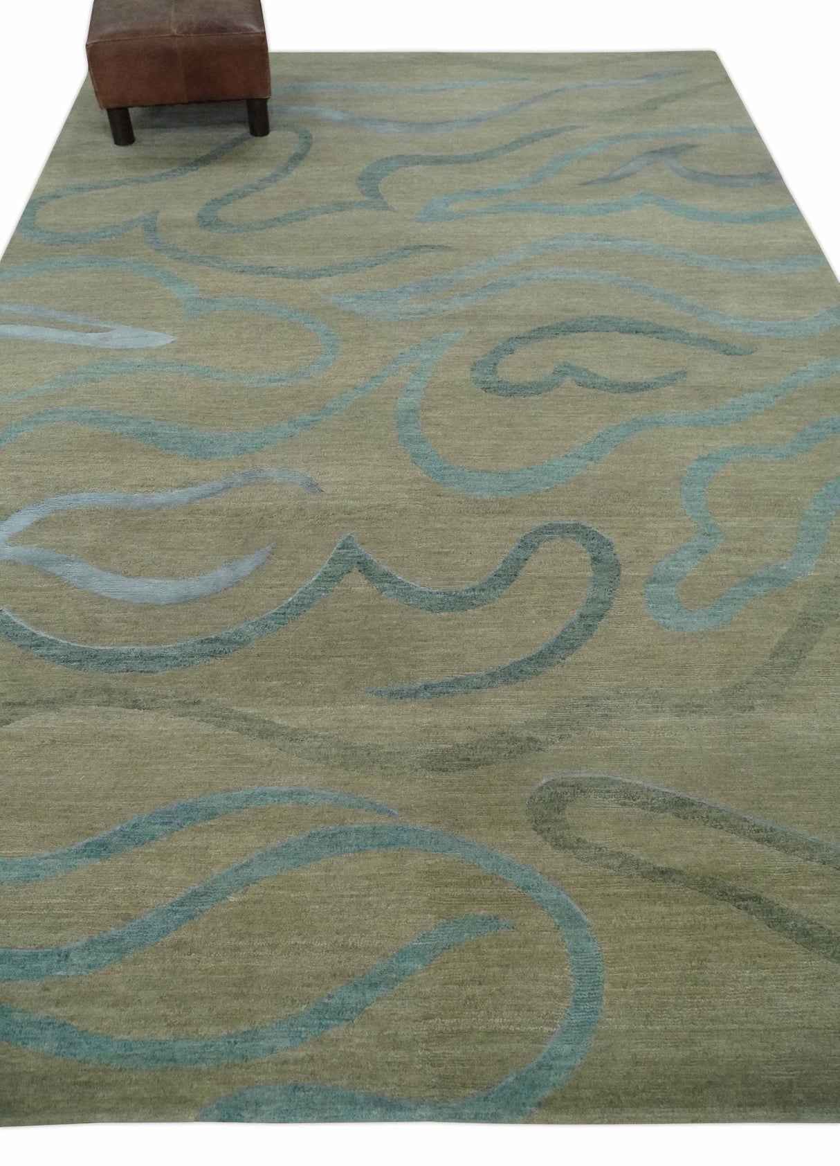 Beige, Teal and Silver Modern design Hand knotted 6x9 wool and Art Silk Area Rug