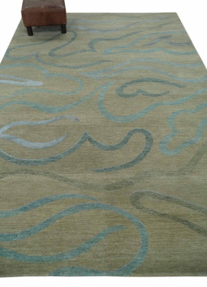 Beige, Teal and Silver Modern design Hand knotted 6x9 wool and Art Silk Area Rug