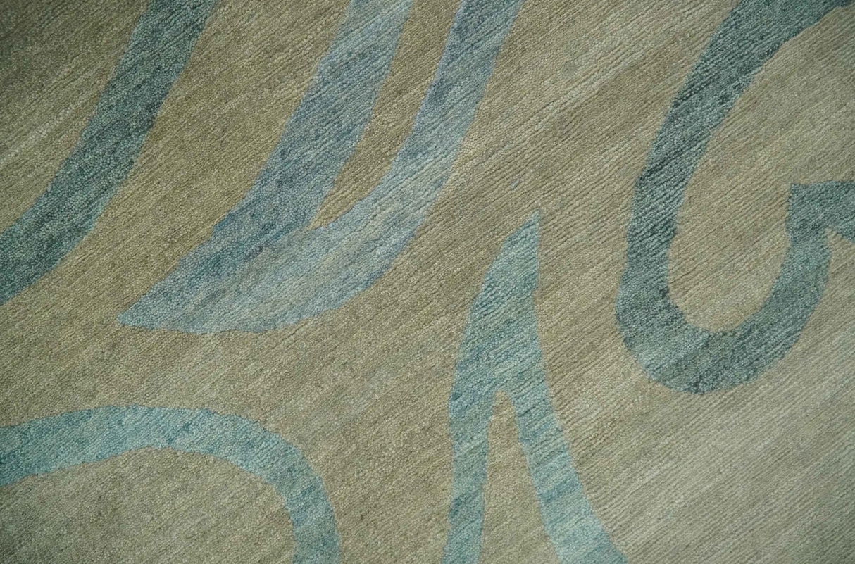 Beige, Teal and Silver Modern design Hand knotted 6x9 wool and Art Silk Area Rug