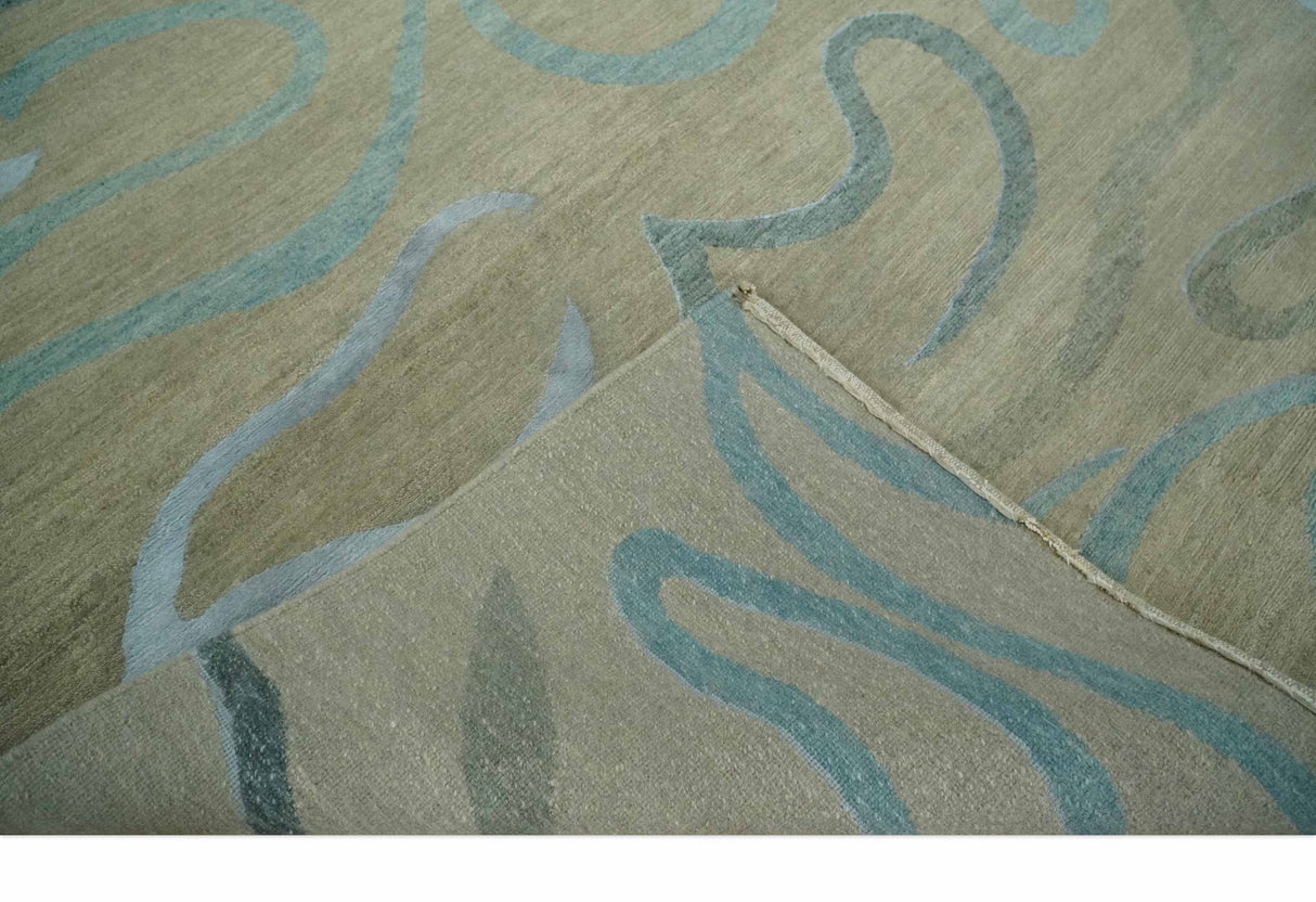 Beige, Teal and Silver Modern design Hand knotted 6x9 wool and Art Silk Area Rug