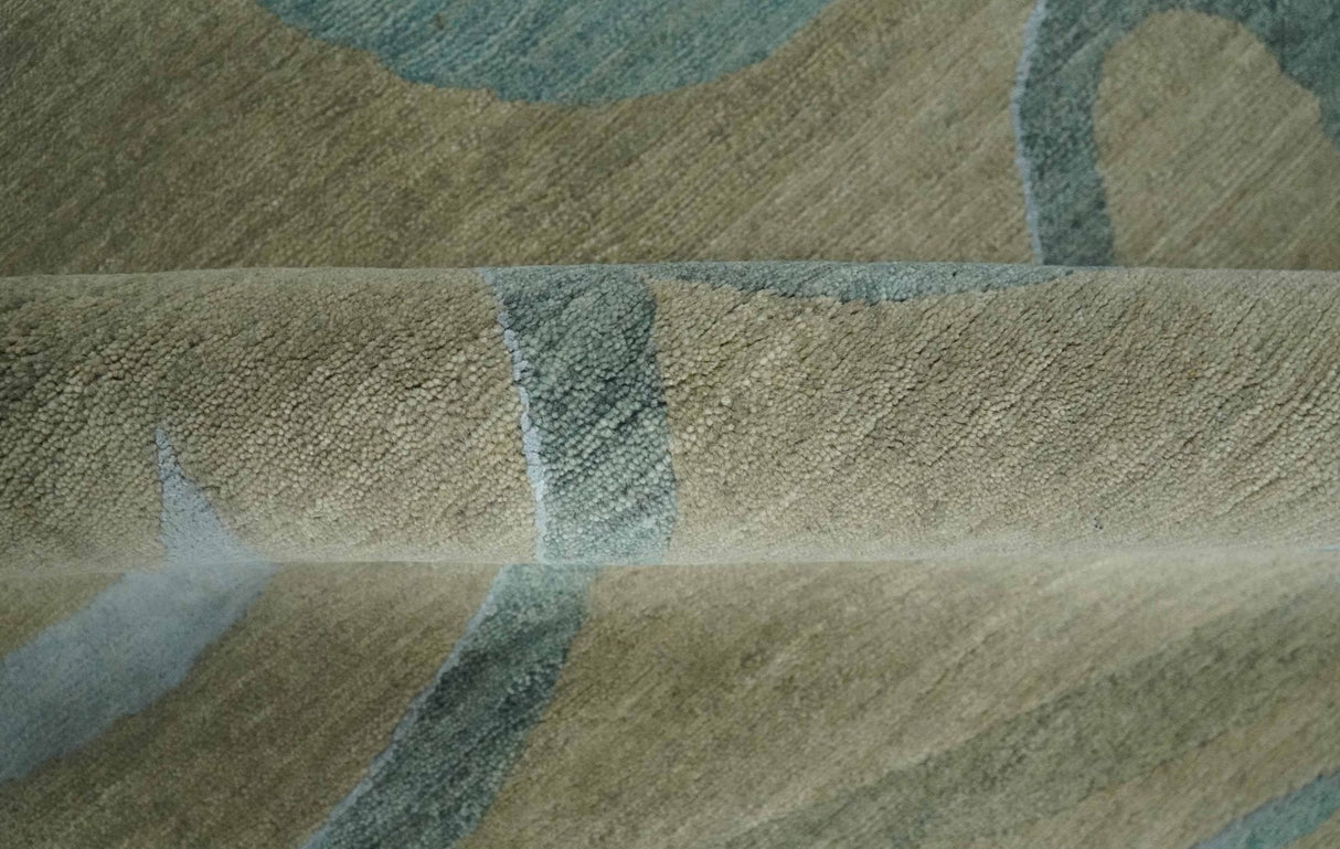 Beige, Teal and Silver Modern design Hand knotted 6x9 wool and Art Silk Area Rug