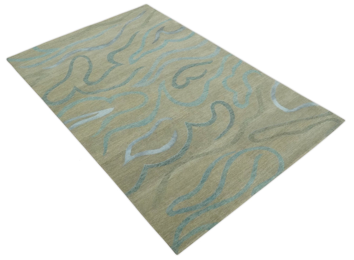 Beige, Teal and Silver Modern design Hand knotted 6x9 wool and Art Silk Area Rug