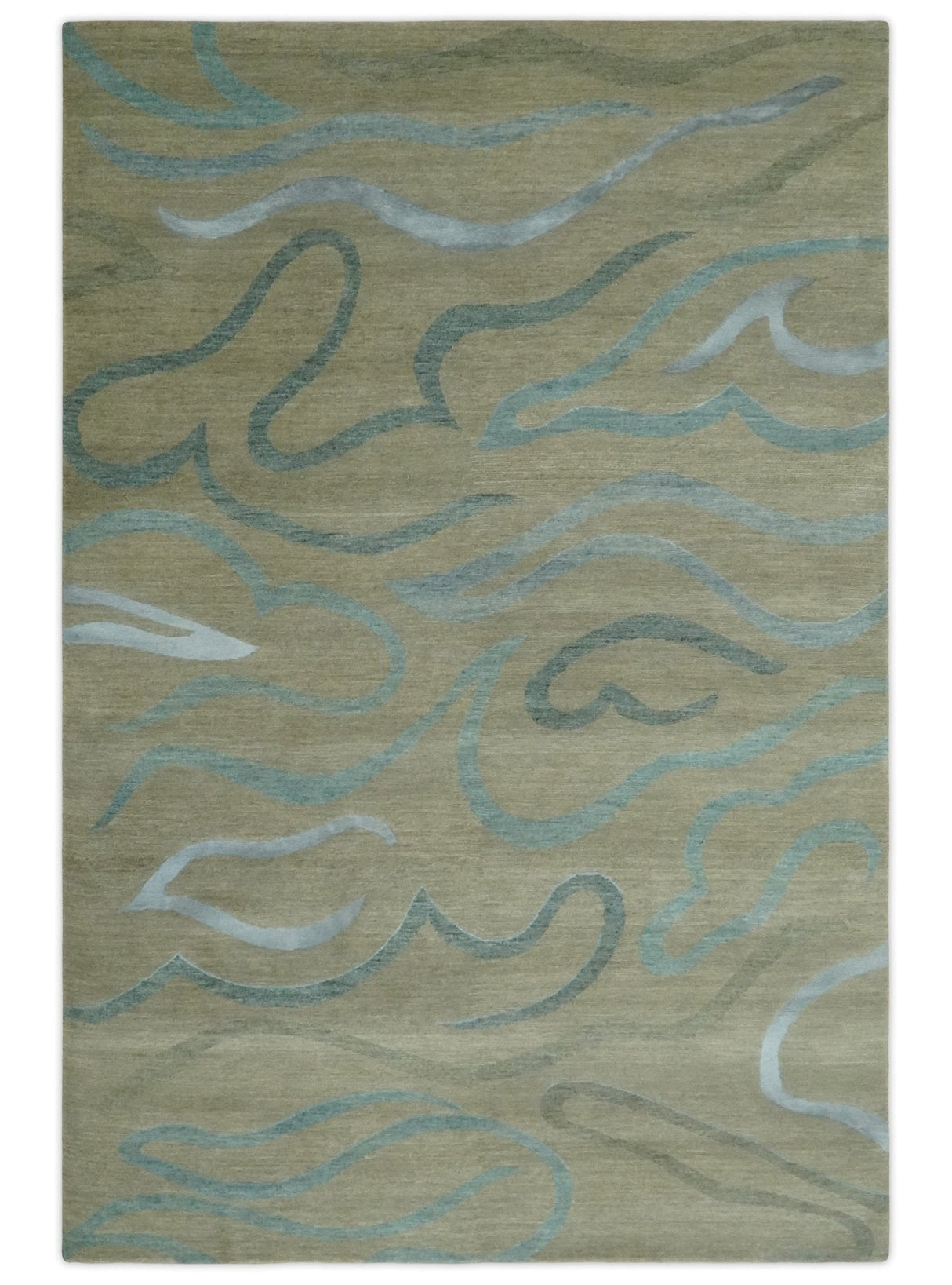 Beige, Teal and Silver Modern design Hand knotted 6x9 wool and Art Silk Area Rug