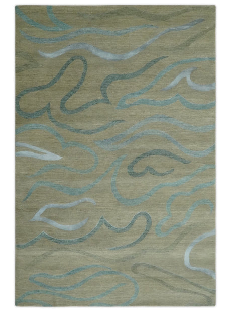 Beige, Teal and Silver Modern design Hand knotted 6x9 wool and Art Silk Area Rug
