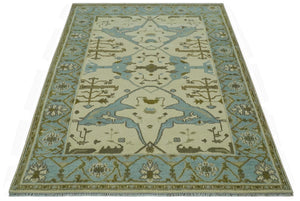Beige and Aqua Hand Knotted 6x9 Traditional Oriental Oushak wool area rug