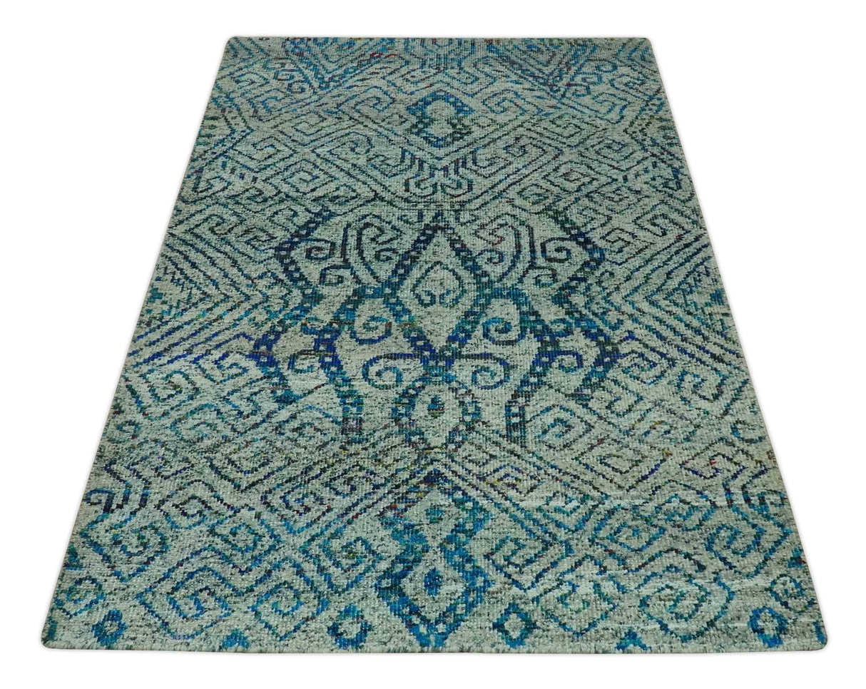 Beige and Blue 5x7.6 Large design Hand Knotted wool area rug