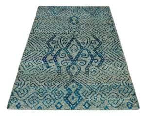Beige and Blue 5x7.6 Large design Hand Knotted wool area rug