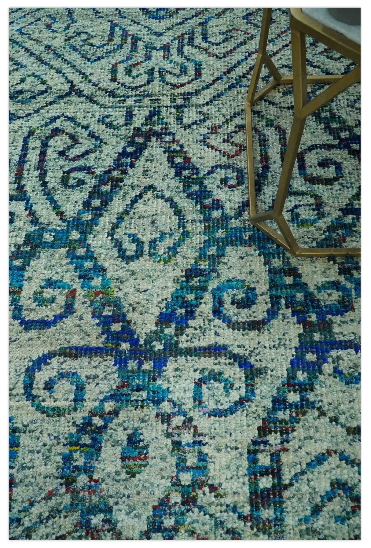 Beige and Blue 5x7.6 Large design Hand Knotted wool area rug