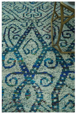 Beige and Blue 5x7.6 Large design Hand Knotted wool area rug