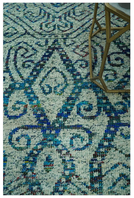 Beige and Blue 5x7.6 Large design Hand Knotted wool area rug