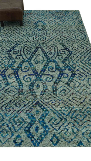Beige and Blue 5x7.6 Large design Hand Knotted wool area rug