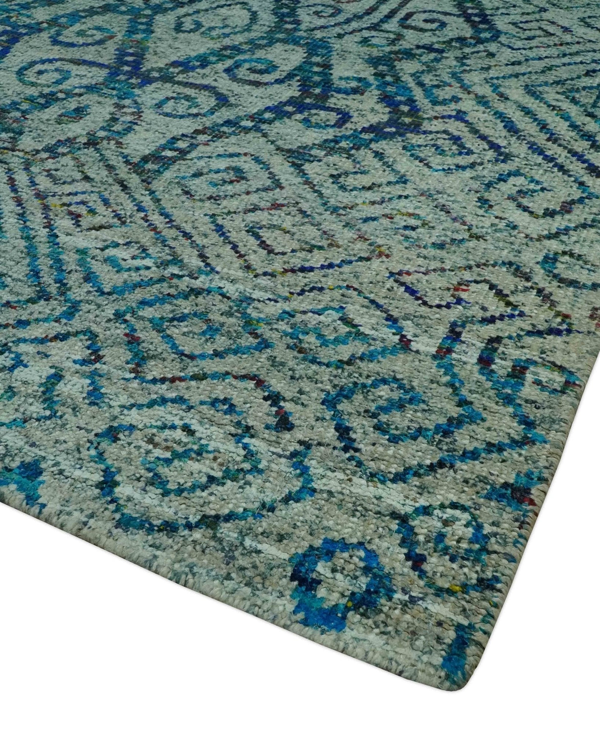 Beige and Blue 5x7.6 Large design Hand Knotted wool area rug